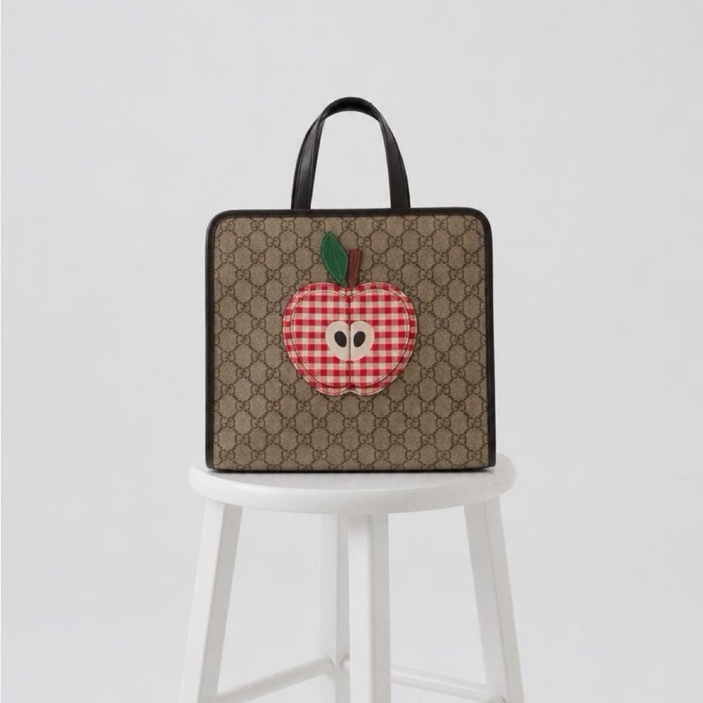 Kids Gucci Brown GG Supreme Canvas Tote with Red Gingham Apple